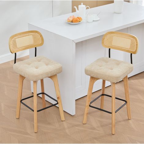 Lot de 2 tabourets de bar pivotants en chenille et rotin kaki, hauteur d’assise 67,5 cm (1/5)