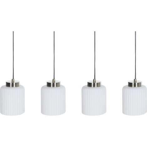 Lampadario in metallo con 4 paralumi in vetro bianco nero e ottone Caudelo