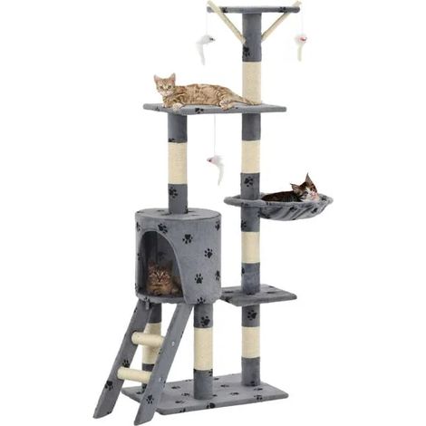 Arbre à chat, avec poteaux à griffer en sisal, 138 cm, gris, avec motif d'empreintes de pattes.
