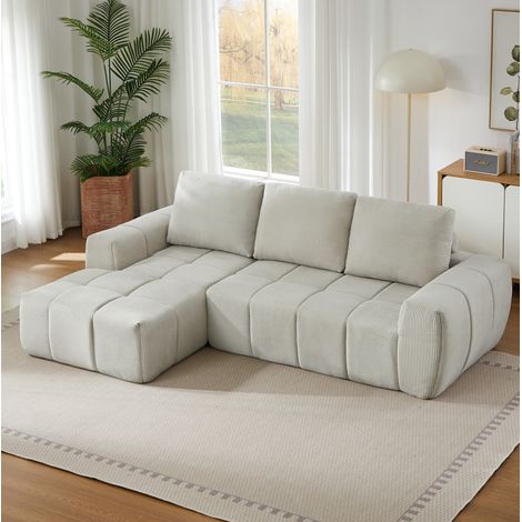 Canapé d’angle XXL en velours côtelé beige, coussins amovibles, 255 x 100 x 84 cm (1/5)