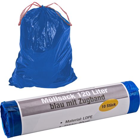 Kestek Müllsäcke 120L blau 10er Pack Abfallsäcke Sack Zugband 40µm stabil (1/4)