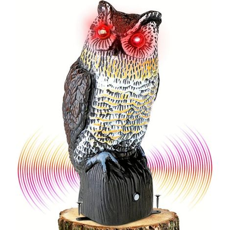 Hibou en plastique pour éloigner les oiseaux, épouvantails avec yeux clignotants, son effrayant, hibou pour le contrôle des oiseaux pour le jardin