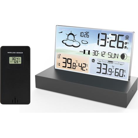 Station météo avec capteur sans fil extérieur - Station météo numérique pour la maison - Station météo numérique LCD avec alerte et température/humidité/prévision/phase lunaire/réveil/date heure (1/5)