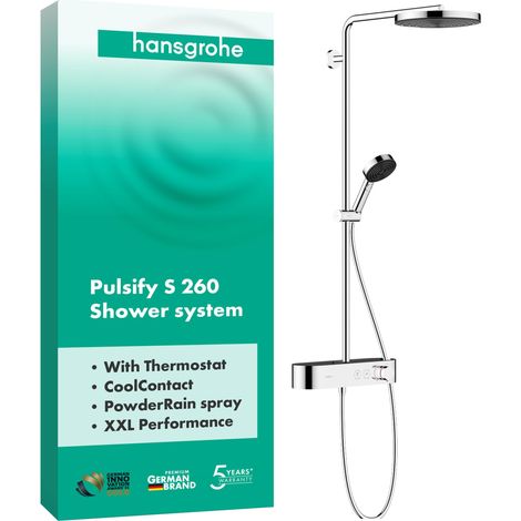 Colonne de douche avec mitigeur thermostatique, douche pluie (⌀ 260mm) avec robinet, douchette (3 jets), support, flexible de douche, barre et douche de tête ronde, Chromé (1/5)