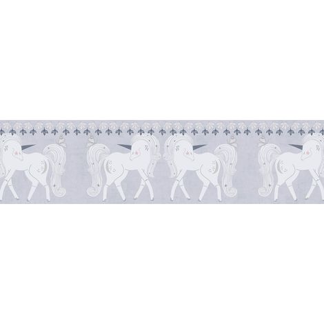 Papel pintado infantil Profhome 771471 cenefa liso con dibujo de animales mate gris blanco rosa claro gris oscuro 5 m