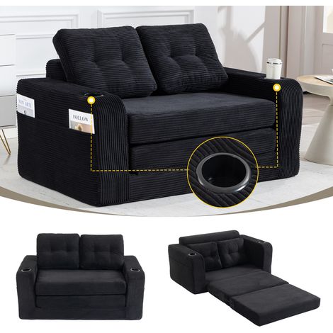 Canapé 2 places en velours côtelé avec porte-gobelets et poches latérales, pouf convertible sans cadre avec coussins matelassés (1/5)