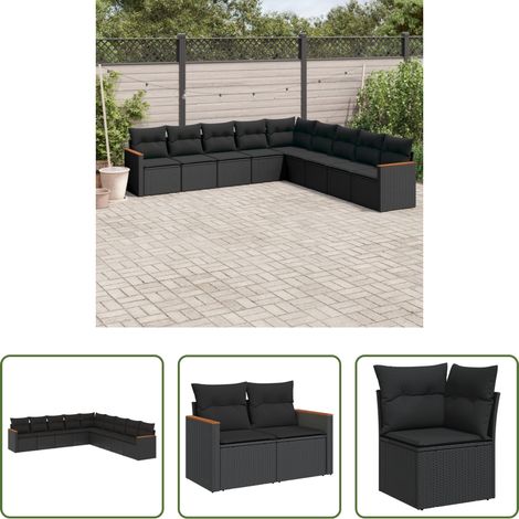 vidaXL Rattan - 9-tlg. Garten-Sofagarnitur mit Kissen Schwarz Poly Rattan (1/5)