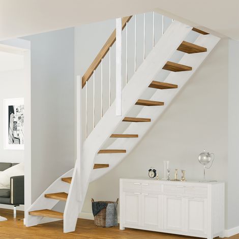 Dolle Raumspartreppe Faro 1/4-gewendelt 243-299cm GH 55-75cm breit Eiche weiß Stabgeländer aus Edelstahl rund 16 mm