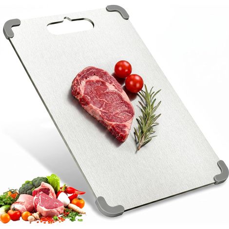 Petite planche à découper en titane - 29 x 20 cm - 1,5 mm - Extra épaisse - En acier inoxydable - Avec bord en silicone - Compacte, peu encombrante et adaptée aux voyages - Petite taille (1/5)