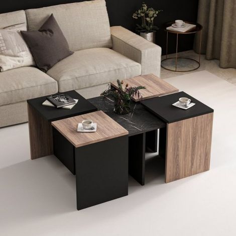 Set tavolini da salotto Owentav nero e noce nucleo effetto marmo (1/6)