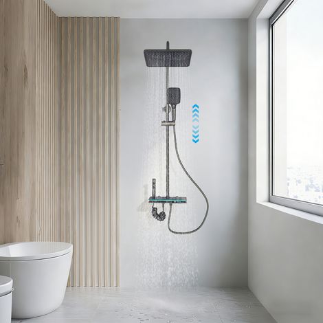 【Chauffage et ventilation】Kit de Robinet de Douche Complet avec Colonne de Douche et Piano,Garniture de Douche Pour Salle de Bain avec Colonne Réglable 90-120cm, 4 Modes de Débit d’Eau, Gris (1/5)