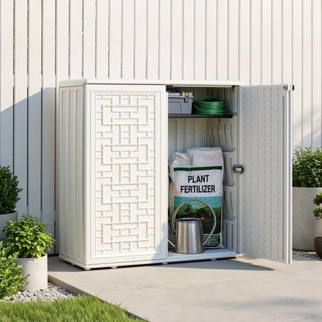 Abri Jardin Résine 0,23 m³ Armoire Rangement Extérieur Étanche Blanc pour Garage Terrasse,Stockage Tondeuse et Outils Accessoires Jardinage,avec Étagère Réglable,Portes Verrouillables,Fond (1/3)
