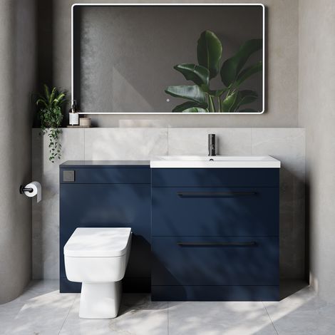 Napoli 390 Cento Deep Blue 1400mm 2 Drawer Vanity Unit Toilet Suite with Glide Basin - 1400mm - Matt Black 480mm HandleWith Kingston Toilet Pan and Seat