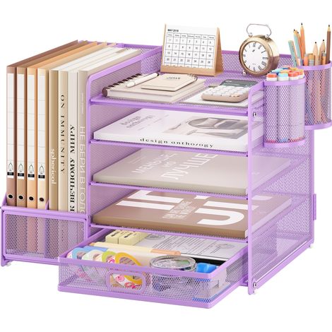 Robuste Organisateur de Bureau avec Porte-Documents, 5 Niveaux - Porte-Lettres avec Tiroir et 2 Porte-Stylos - Compartiments de Rangement en Maille pour Fournitures de Bureau, Pourpre (1/5)