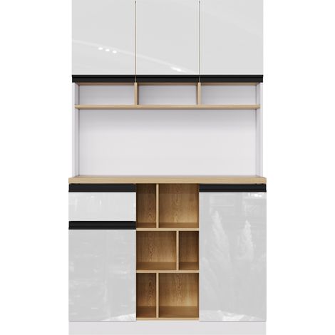 Aparador alto de cocina 105x45x185 cm blanco brillo con cajón y estantes ajustables HOMVRA (1/5)