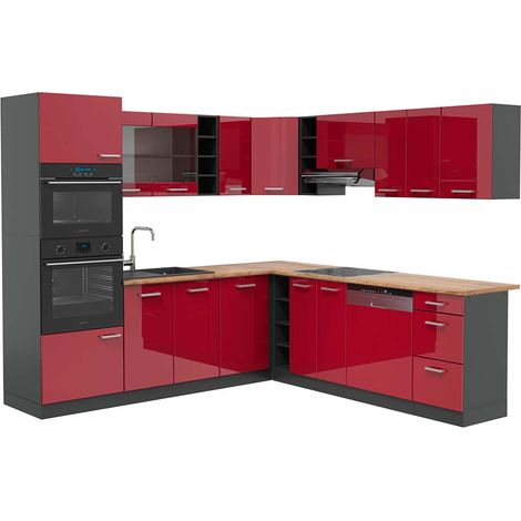 Cocina esquinera R-Line, Burdeos brillo intenso/antracita, 237 x 247 cm , ET Roble, Vicco