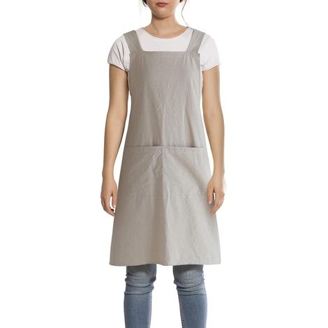 Tablier de Coton Lin avec Poche, Tablier de Cuisine, Style Japonais Halter Cross Bandage Apron, Restaurant Café Barbecue Poterie Vêtement de Travail pour Serveuse Femme Homme, Kaki (1/5)