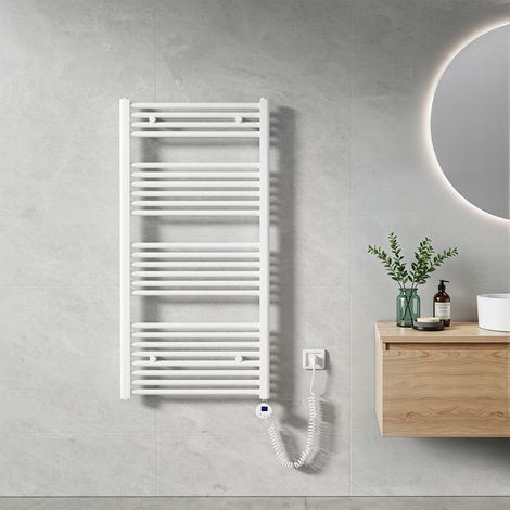 Heilmetz Sèche-Serviette électrique 120x60cm 600W Blanc Tubes Ronds Radiateur Mural Salle de Bain avec Timing Élément Chauffant