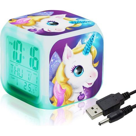Despertadores digitales de unicornio para niñas, cubo LCD LED con luz nocturna brillante para niños, reloj de mesita de noche, regalos de cumpleaños para niños, dormitorio de mujeres, adultos - Fei Yu (1/5)