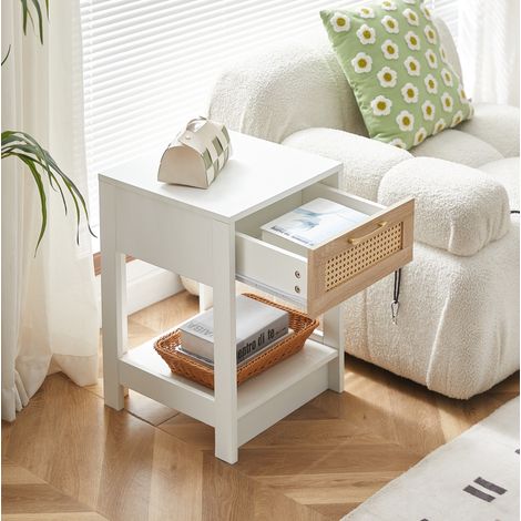 Table de chevet rotin avec tiroir, MDF naturel blanc OKMYHOME (1/5)