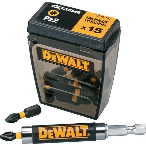 Dewalt – Jeu d'embouts de vis 15 pièces – Torsion d'impact PZ2 25mm – 6 embouts PZ2, 3 T15, 3 T20, 3 T25 – Guide magnétique compact - DT70618T-QZ (1/2)