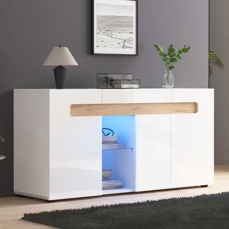 Buffet blanc brillant à 3 portes, meuble de rangement avec éclairage LED et étagère en verre, 140x40x70 cm (1/5)