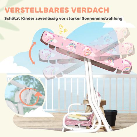 Balançoire enfant 2 places Hollywood avec auvent ajustable et harnais de sécurité, pour enfants 3-6 ans jusqu'à 60 kg, rose