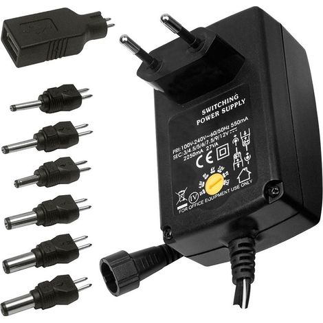 Alimentatore switching con tensione regolabile 3/4,5/5/6/7,5/9/12 Vdc 2250mA, 7 spinotti inclusi - Victory