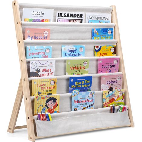 Libreria per Bambini, Scaffale a 6 Livelli in Tessuto per Bambini, Librerie per Camerette con 3 Tasche con Maniche Profonde, 75 30 80cm - Beige (1/5)