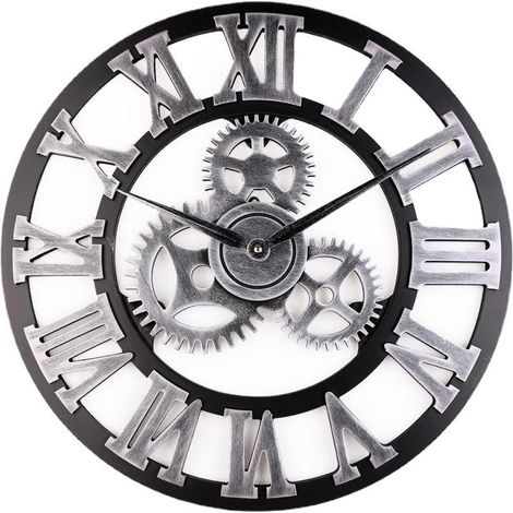 30 30cm 3D Argent Horloge Murale Grand Classique Vintage en Bois Silencieux Vitesse Pendaison Chiffre Romain Style Européen Steampunk Décor Industr (1/5)
