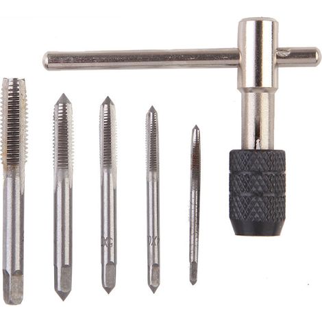 Sollbry Surtido de 5 machos de roscar rectos manuales métricos M3 M4 M5 M6 M8 con 1 llave ajustable, juego de machos de roscar de acero con llave en T para inserto de rosca. (1/4)