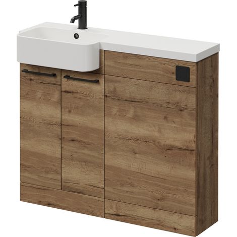 Napoli 250 Tobacco Oak 1000mm 2 Door Vanity Unit Toilet Suite with Left Hand Round Rico Semi Recessed Basin - 1000mm - Matt Black 160mm HandleWithout Kingston Toilet Pan