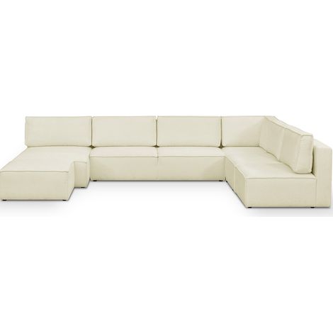 Canapé d'angle à droite panoramique modulable convertible 10 places avec pouf en tissu bouclé écru - Harper Mod (1/5)