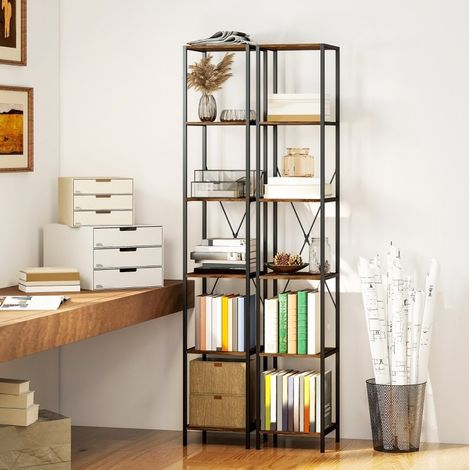 Scaffale libreria in legno marrone rustico, 6 ripiani, 30 x 30 x 174,5 cm, set da 2 (1/4)
