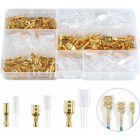 SABIR 150 Pcs Cosses à Sertir en Laiton 2.8/4.8/6.3mm Cosse Electrique à Sertir avec Isolation Manches Connecteur Cosse Femelle Anti-oxydation Anti-fissuration pour Automobile Bateau Moto Voiture (1/4)