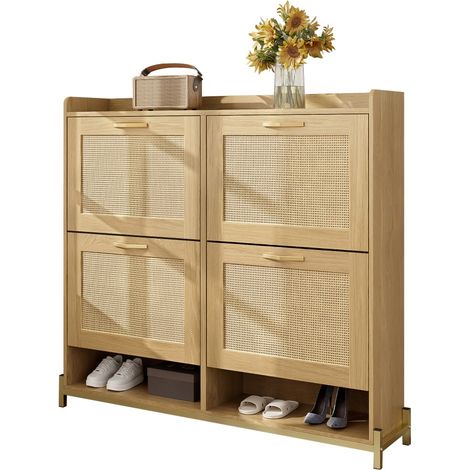Meuble à chaussures 4 portes en rotin-Étagère supérieure-Cadre métal élégant-108,50 x 24 x 100cm (1/5)