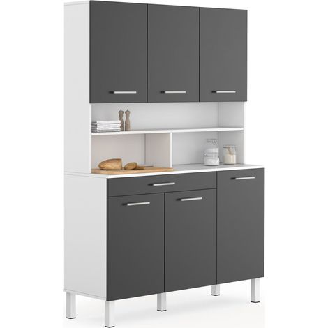 Idmarket – Buffet de cuisine 120 cm – 6 portes et tiroir – Structure mélaminée blanche et grise – Hauteur 177 cm, largeur 40 cm