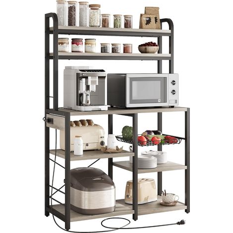 Étagère de boulanger gris 5 niveaux avec prise électrique, support micro-ondes et station de café cuisine salon (1/5)