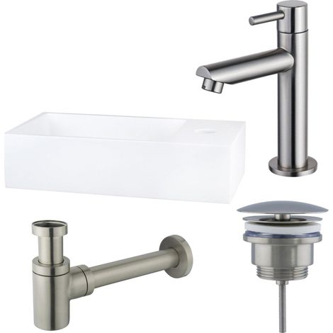 FugaFlow Eccelente Arredo Pack Lave-mains - 36x18.5x9cm - 1 trou de robinet - solid surface - robinet Inox - Blanc