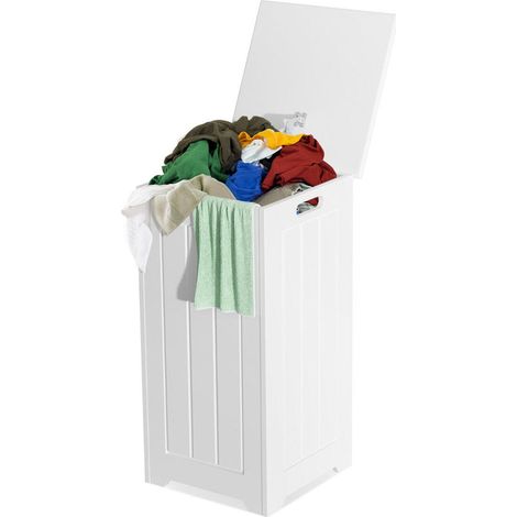 Panier à linge en bois blanc grande capacité avec poignées latérales, rangement sur pied pour chambre ou salle de bain (1/5)