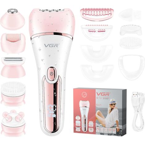 Épilateur VGR 733 pour femmes, rasoir électrique 6-en-1 sans fil et rechargeable, appareil d'épilation étanche IPX7, utilisable sur peau sèche ou humide, pour le maillot, le visage, les jambes et les  (1/5)