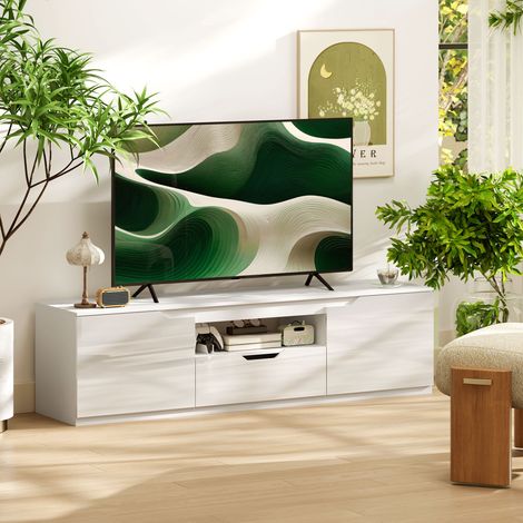 Mobile basso porta TV, lucido, per TV fino a 65”, 3 scomparti, cassetto, 160 x 38 x 43 cm, bianco (1/5)