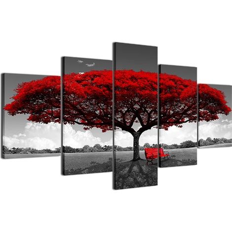 Toile Peinture - Art Moderne Arbre Rouge - Sans Cadre - 5 Pièces - 20x35 cm (2 pcs) 20x45 cm (2 pcs) 20x55 cm (1 pc) (1/5)