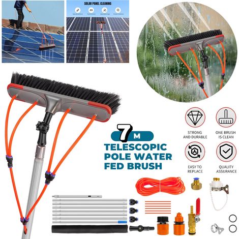 Kit de perche alimentée en eau, perche de nettoyage de panneau solaire de 7 m avec poignée extensible, tête de brosse rotative à 180 ° et tuyau de 20 m, idéal pour le nettoyage (1/5)