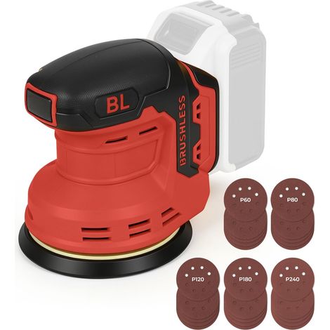 Ponceuse Orbitale Aléatoire Sans fil Compatible avec les Batteries 18V, 3 Vitesses 9700-12000rpm, Ponceuse Électrique Sans Balais avec 25 Papier de Verre (1/5)