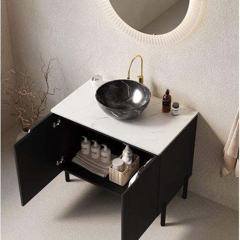 Meuble lave-mains sur pied 76 cm en MDF noir et pierre frittée blanche, avec vasque céramique noire et 2 portes (1/3)