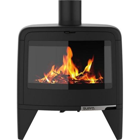 Supra – Poêle à bois 10 kW en fonte – Double combustion – Évacuation des fumées arrière – Vision du feu 52,5 cm – Flamme verte 7 étoiles (1/5)