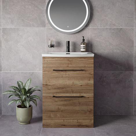 Napoli 390 Tobacco Oak 600mm 2 Drawer Vanity Unit with Arc Basin - 600mm - Matt Black 320mm Handle