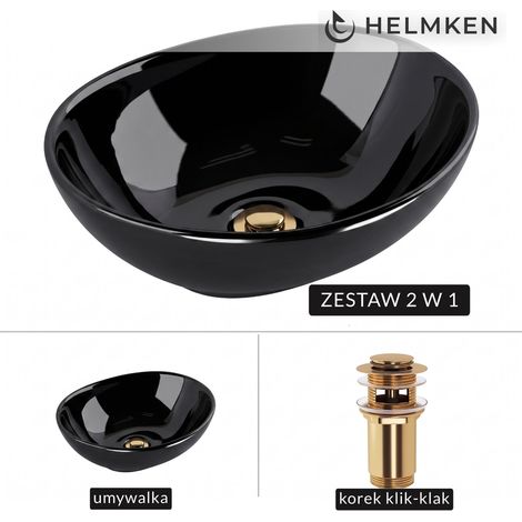 Helmken 65241001 Aufsatzwaschbecken (41x34) Schwarz + Gold Klick-Klack-Verschluss (1/5)