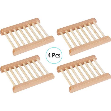 Porte-savon en bois naturel, 4 pièces, plateau de drainage pour savon, support de rangement (1/5)